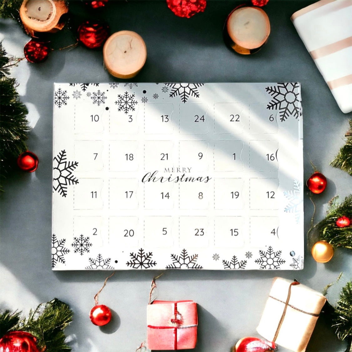 Adventskalender med trumlade och råa kristaller