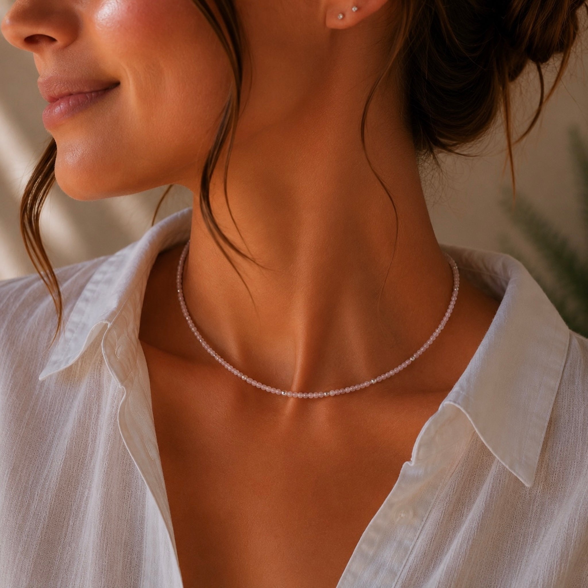 Rosenkvarts kristall halsband sterling silver